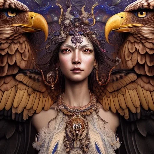 Insanely detailed photograph of an elaborate beautiful eagle goddess intricate glowing skin eyes intricate face hair lashes fur dress hyperdetailed painting by Anna Dittmann Huang Guangjian and Dan Witz CGSociety ZBrush Central fantasy art album cover art 4K 64 megapixels 8K resolution HDR Greek shiny space colours jewelry celestial hair eyes light"