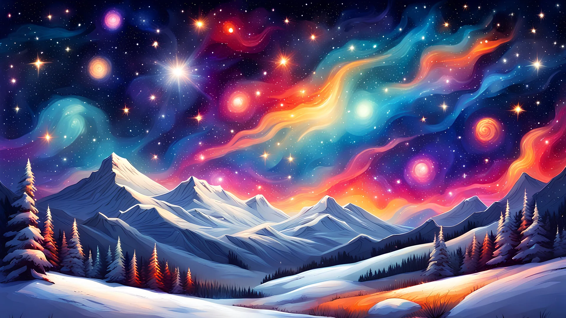 snowy cosmic starry night sky colorful