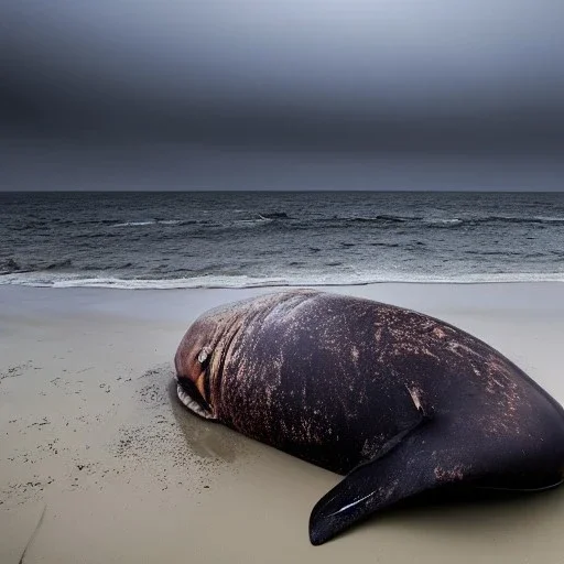 photograph of beautiful sperm whale washed up on shore, lifeless, debris, foamy wave, sand, rock, 8k resolution, high-quality, fine-detail, detailed matte, photography, illustration, digital art, Jeanloup Sieff, Moe Zoyari, Marc Adamus, Ann Prochilo, Romain Veillon