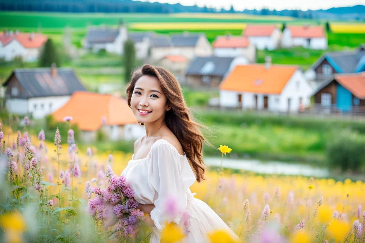 Young woman in flower field in country side ,river, houses