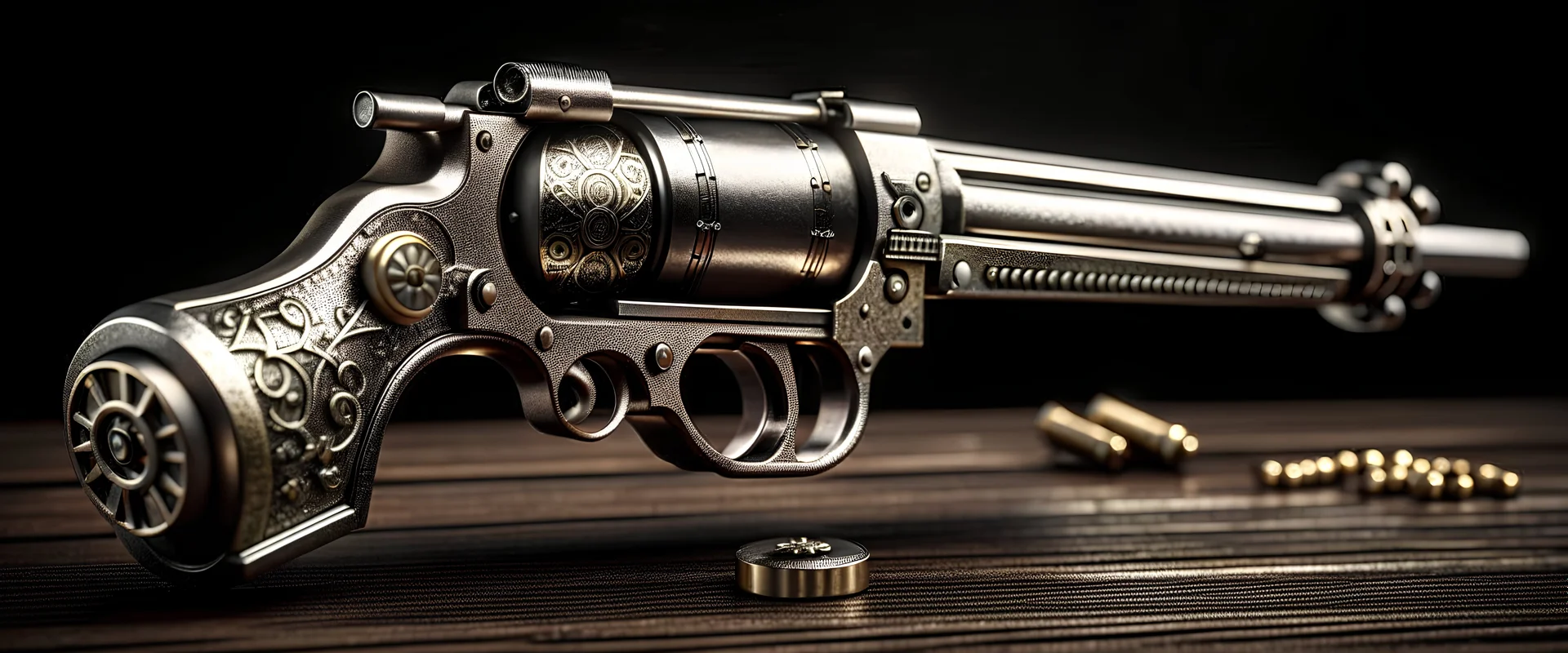 High-end state-of-the-art STEAMPUNK aesthetics flawless rugged steel COLT S.A.A.45 DSLR Telephoto Revolver Camera open cylinder front view barrel ammunition cartridge bullet,Highest quality telescopic Zeiss Zoom lens, supreme cinematic-quality photography,waltnut wood handle,Art Nouveau,Vintage style Octane Render 3D technology,hyperrealism photography,(UHD) high-quality cinematic character render,Insanely detailed close-ups capturing beautiful complexity,Hyperdetailed,Intricate,8K,absurd