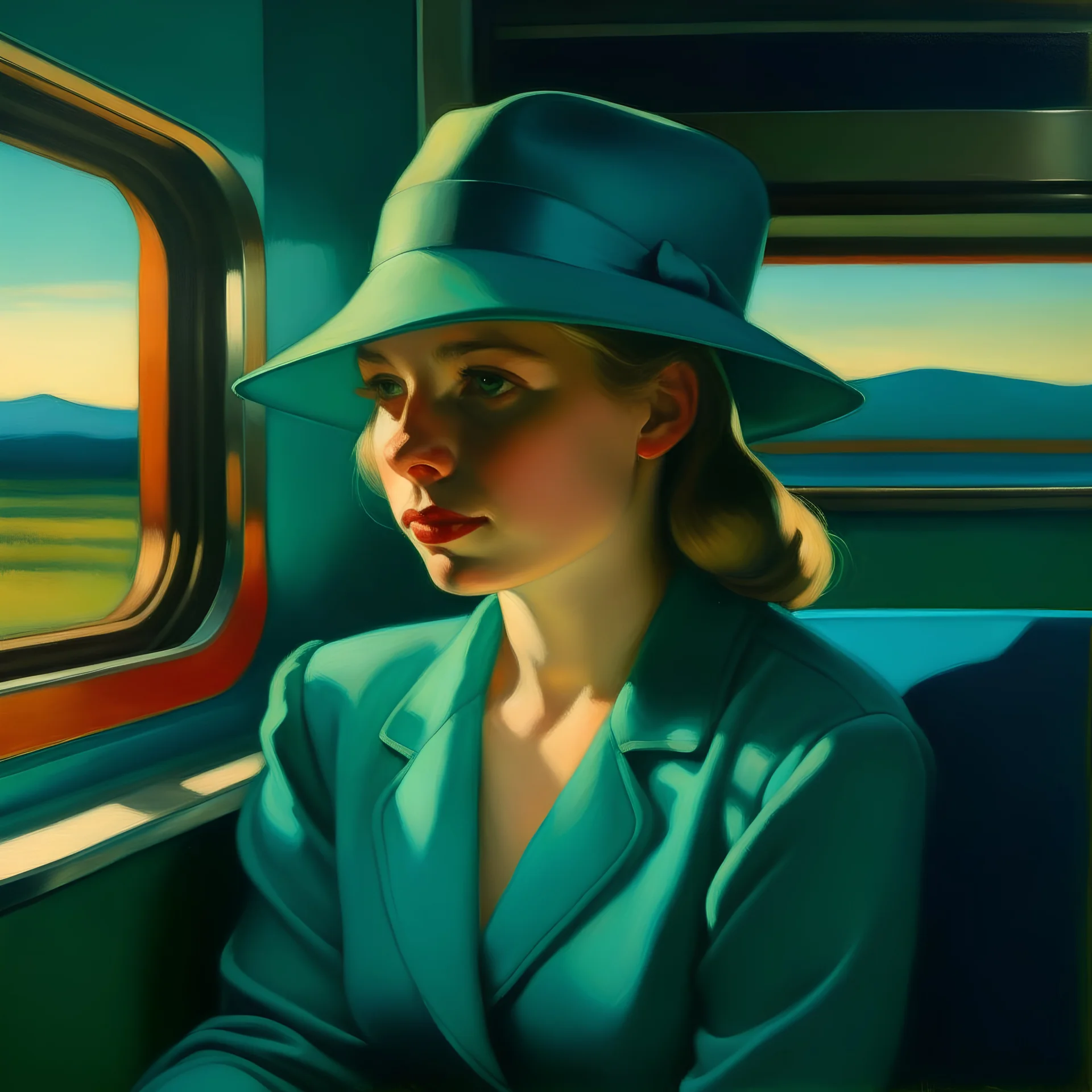 Portrait of a girl in turquoise hat on a train at sunset by Hopper