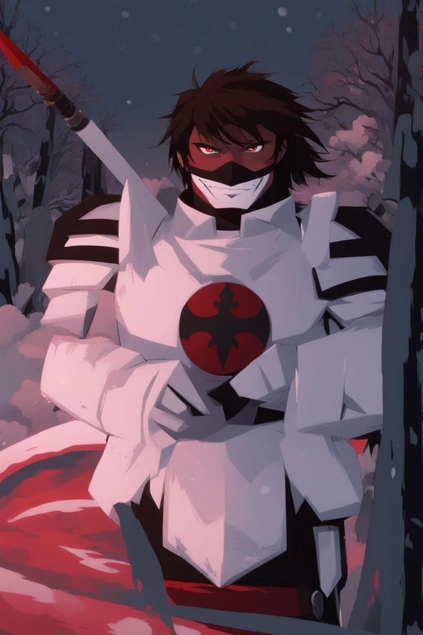 The character, in a striking white armour against a wintry backdrop stands with his arms behind his back inside the scene, he has a red and black circular symbol on his chest like a shield, a black pointed spear with a red handle on his back, His eyes are showing a dynamic expression and he wears a black oni with white sharp teeth on it covering the bottom part of his mouth he has brown shoulder pads and a white belt with a bag attached to it. He has dark brown hair, he does not wear a helmet.