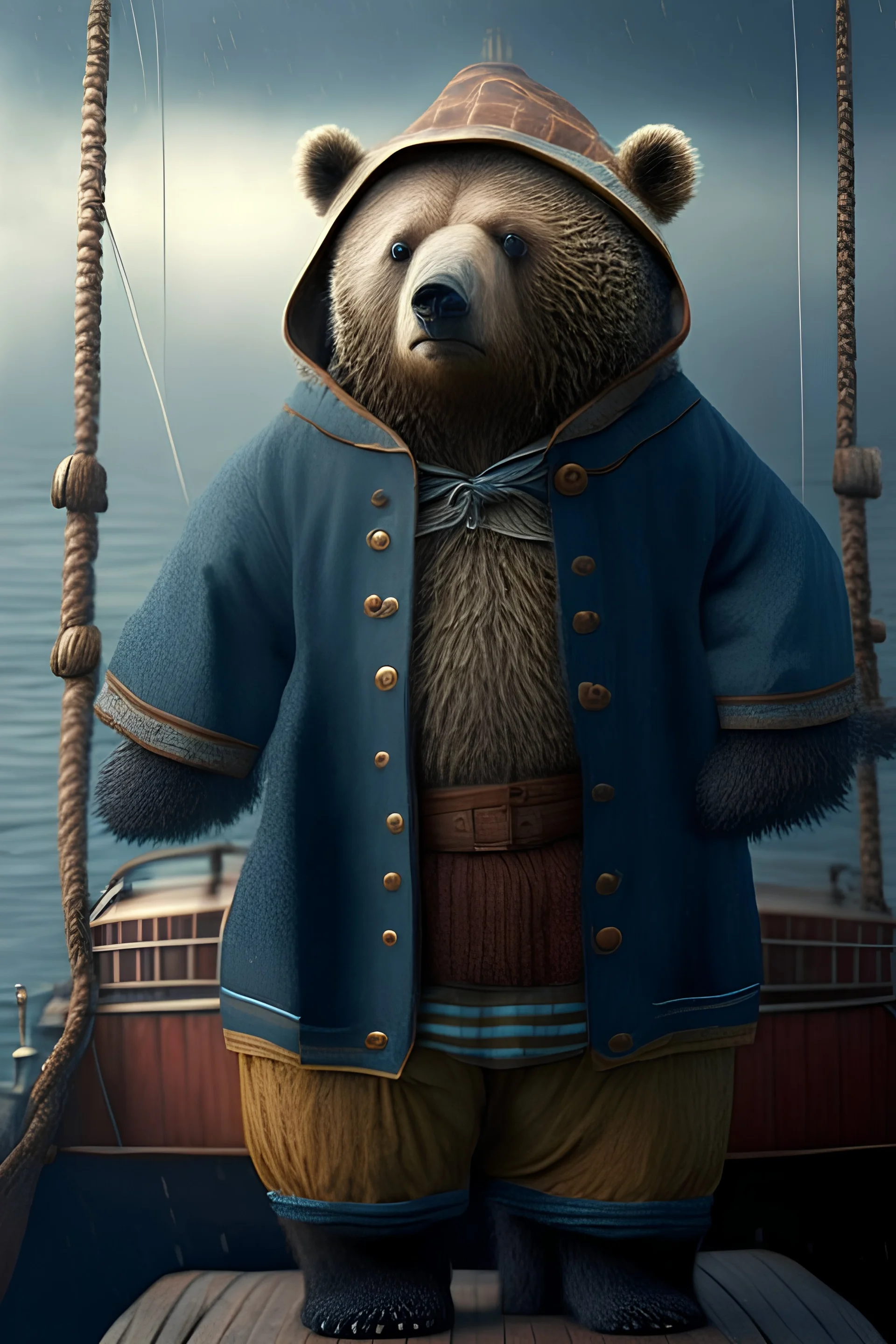 A bipedal bear in fisherman's clothing on a ship