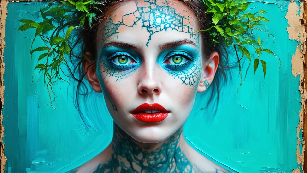 old retro photograph, light vignette, faded, worn and cracked, double exposure, surrealism, female humanoid from another world, red lips, half body, greenish blue pale transparent glowing skin, bald head, plants growing out of head, tattoo on head, alien transparent eyes, double exposure, hyperdetail, double exposure, Anna Razumovskaya, Anna Dittmann, Luis Royo, Neo-impressionism, expressionism, oil painting. Bold, detailed and textured brushstrokes reminiscent of Royo and Peter Coulson. Deep co