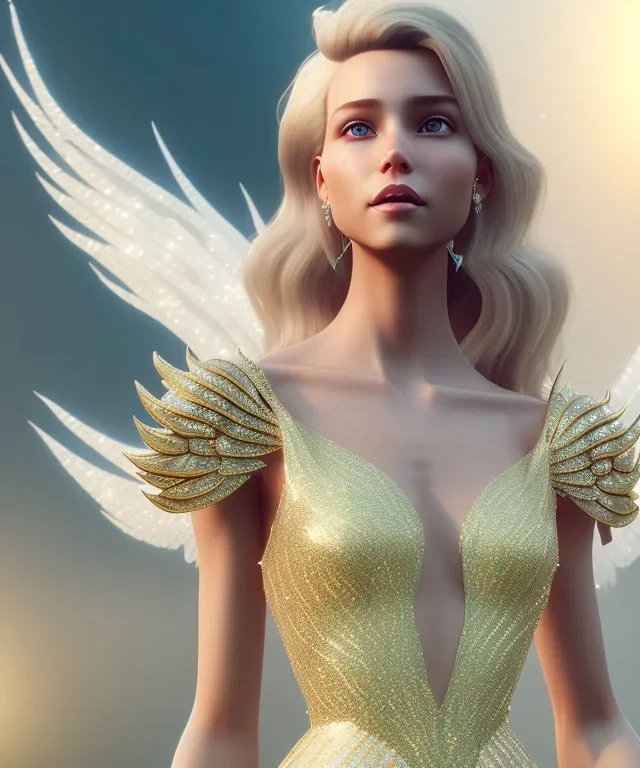 A crystalised queen, atmospheric, realistic, unreal engine, cinematic lighting, octane render, transparent long dress, blonde, full body, bright wings, smile, long hair