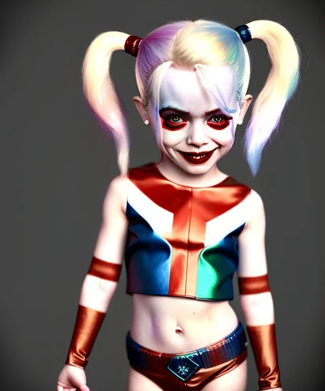 Harley quinn toddler, full body, soft skin, dramatic lighting, hyper realistic