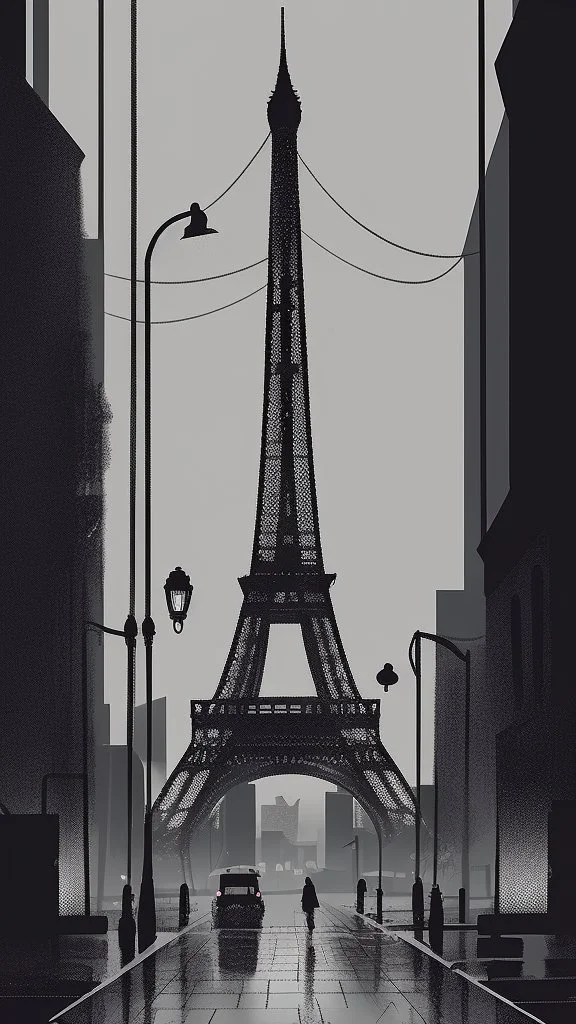 An atmospheric, Paris Eiffel Tower fine lines draw noir-style illustration of a rainy cityscape at night, featuring glowing streetlights reflecting off the wet pavement, towering Art Deco skyscrapers, and a statue evoking a sense of intrigue and timelessness.