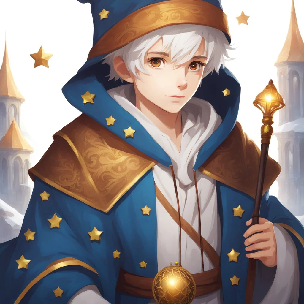 4K, Fantasy World, A boy only wearing a closed wizards robe, and wearing a wizards hat. White Hair. Golden Clock Eyes.