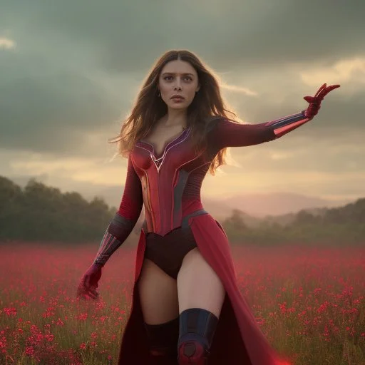 Feiticeira escarlate, Elizabeth Olsen, feiticeira, magia, bonita, cenário em um campo de flores, cinematográfico, dramático, por do sol, campo de flores, cores frias