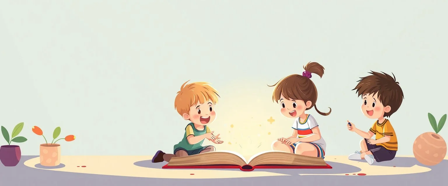 illustration of preschool children playing. fantastic lighting, cute amine children's book proportions