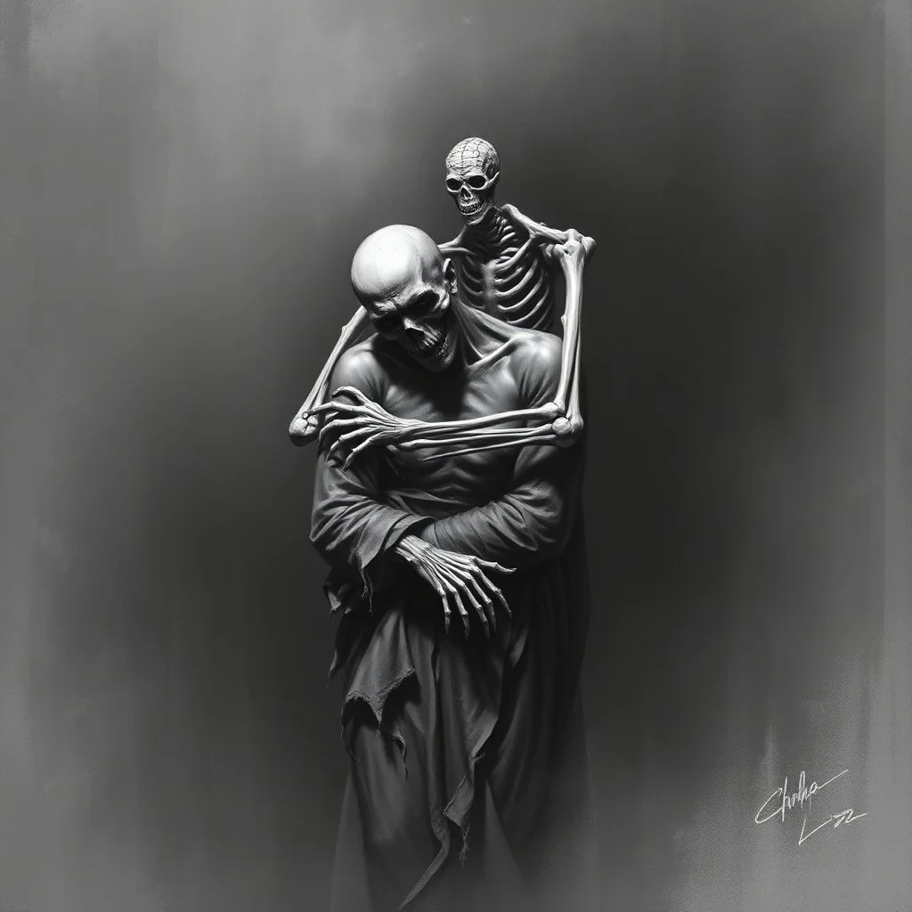 The image is a dark, haunting, monochromatic artwork that portrays a skeletal figure embracing or overpowering a human-like strong male figure. The skeletal entity looms from behind, its bony arms wrapped around the human, who appears to be partially draped in tattered cloth and in a state of despair or submission. ...
