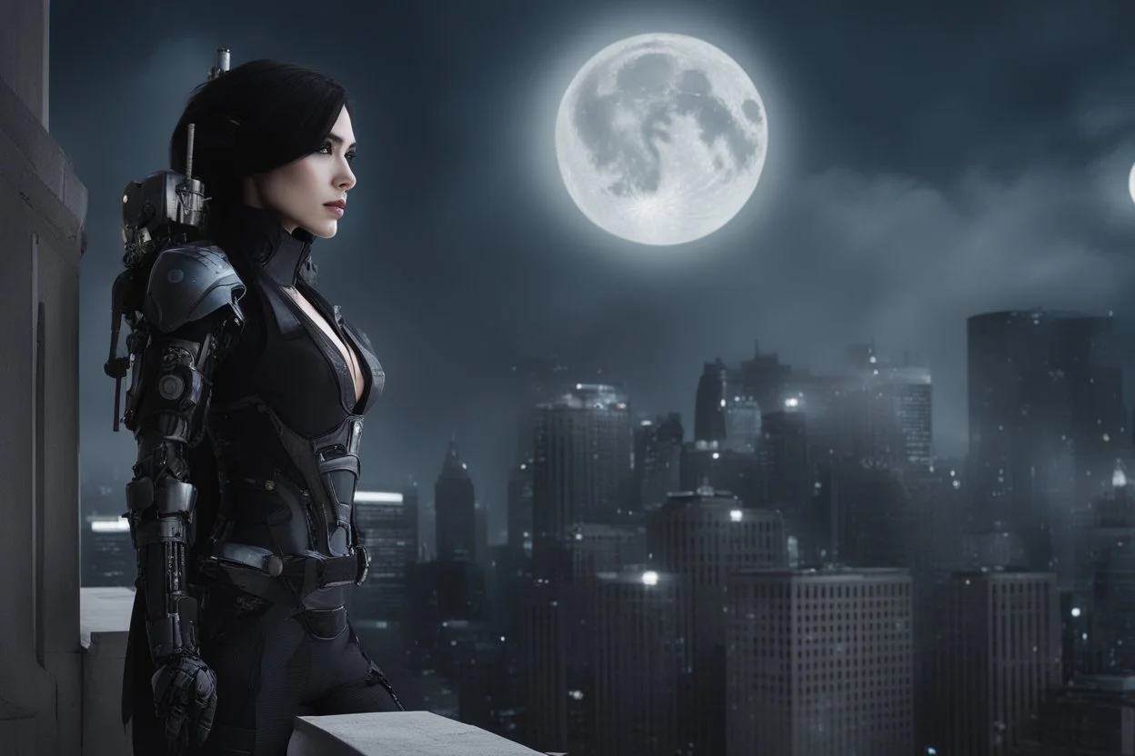 Fantasy Photo Of A Woman With Black Hair, Wearing A robot-looking suit, standing sideways On A Ledge of a building, With A waning moon Behind Her Head