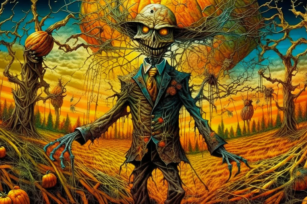 works by Mark Keatley, Josephine Wall, Ellen Jewett, Dan Mumford Cayenne, Victoria Francis. dancing scarecrow with a scary pumpkin head in a field with scarecrows, High Definition HD, High Detail, UHD Pen and Ink Art, Perfect Composition, Detailed Intricacy, Crazy Octane Rendering, Trending on Artstation, 8k Fine Art Photography, Photorealistic Concept Art , soft thoughts, 3D cinematic perfect light, 3D rendering, famous, unforgettable., photo, poster, cinematic