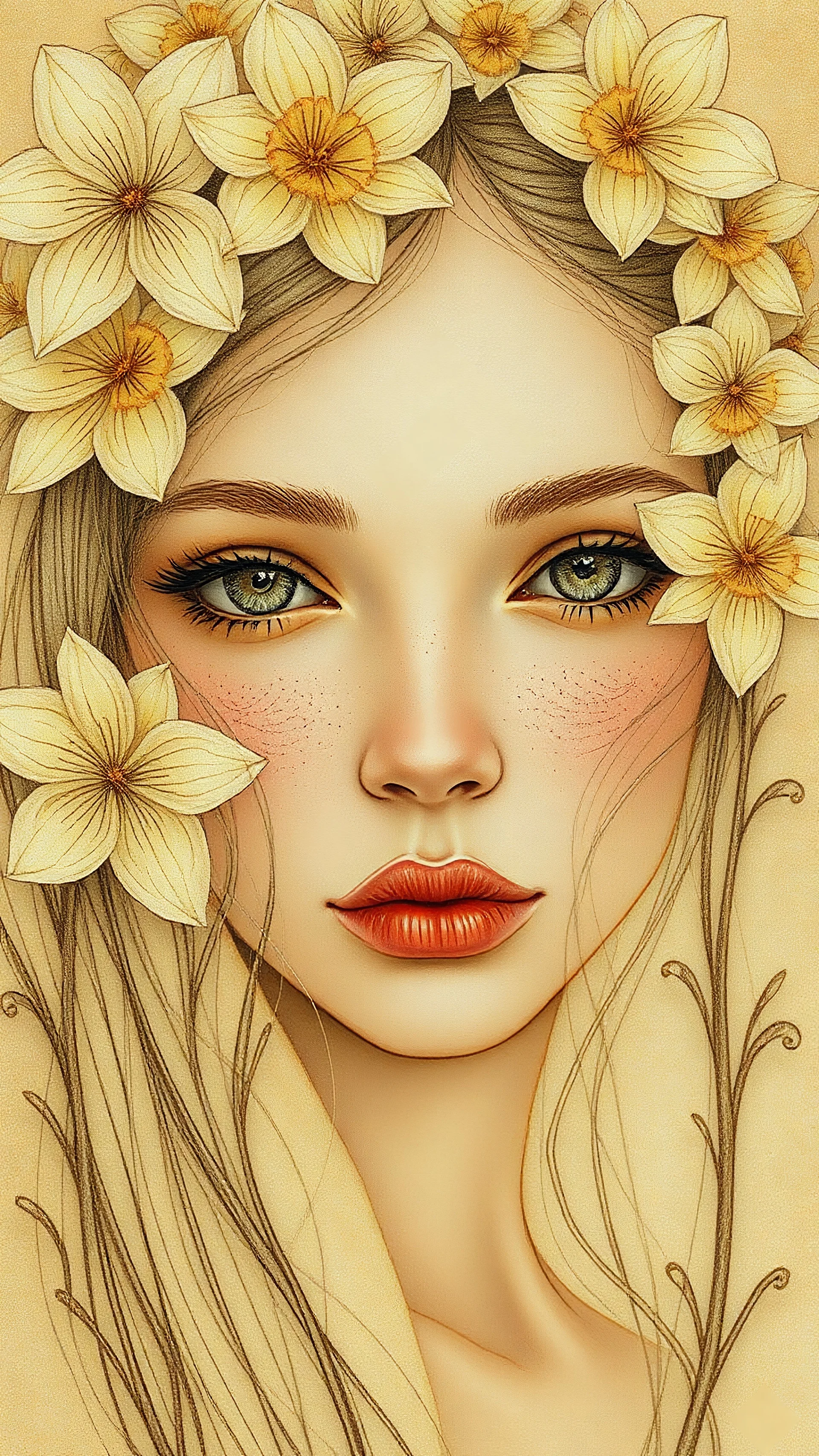 A very beautiful girl face, daffodil beige setting, the setting is in a blend of old world aesthetics and ethereal creamy beige and white fantasy in a dreamlike ethereal zentangle illustration in the magical style of Charlene McNally and carne griffiths