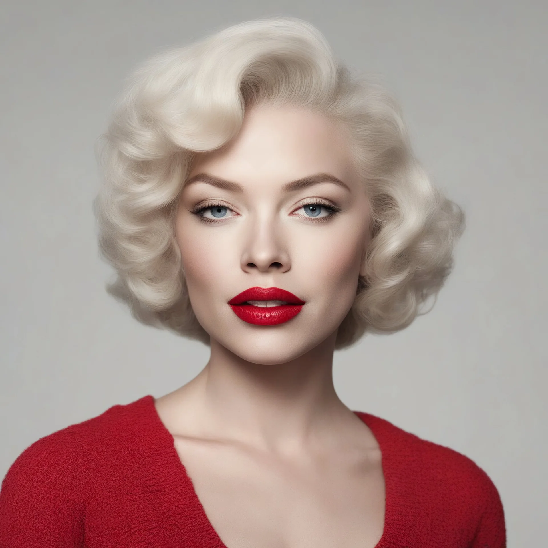 Michelle williams as marilyn monroe, in a red sweater, white bacground
