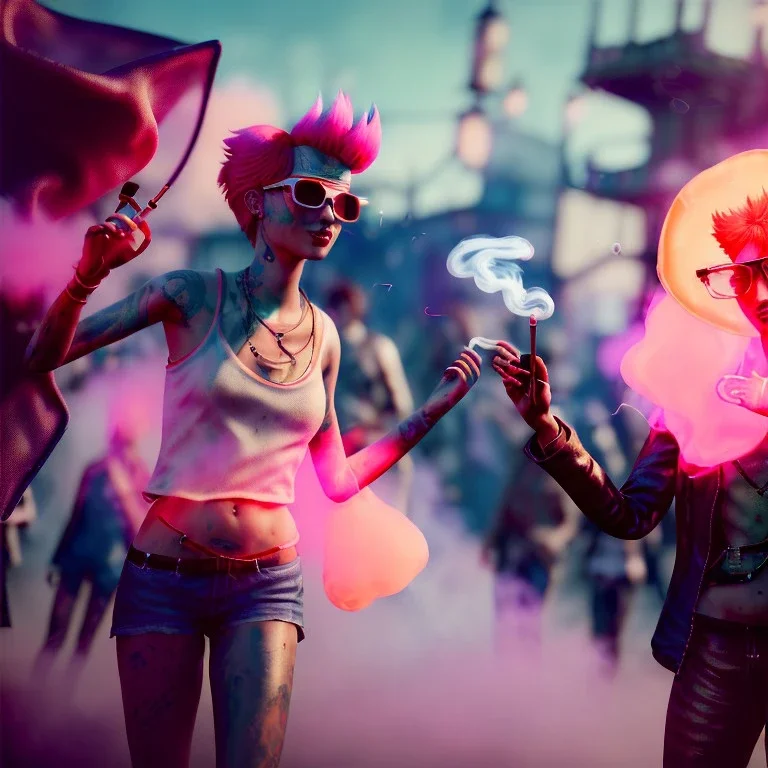 Ultra Realistic photo, medium shot view, drunken women, carnival scene, sexy steampunk. Pink hair, confeti, Sunglasses, smoking, happy, too hot, red fog. highly detailed, concept art, unreal engine 5, ray tracing, RTX, lumen lighting, ultra detail, volumetric lighting, 3d, finely drawn, high definition, high resolution.