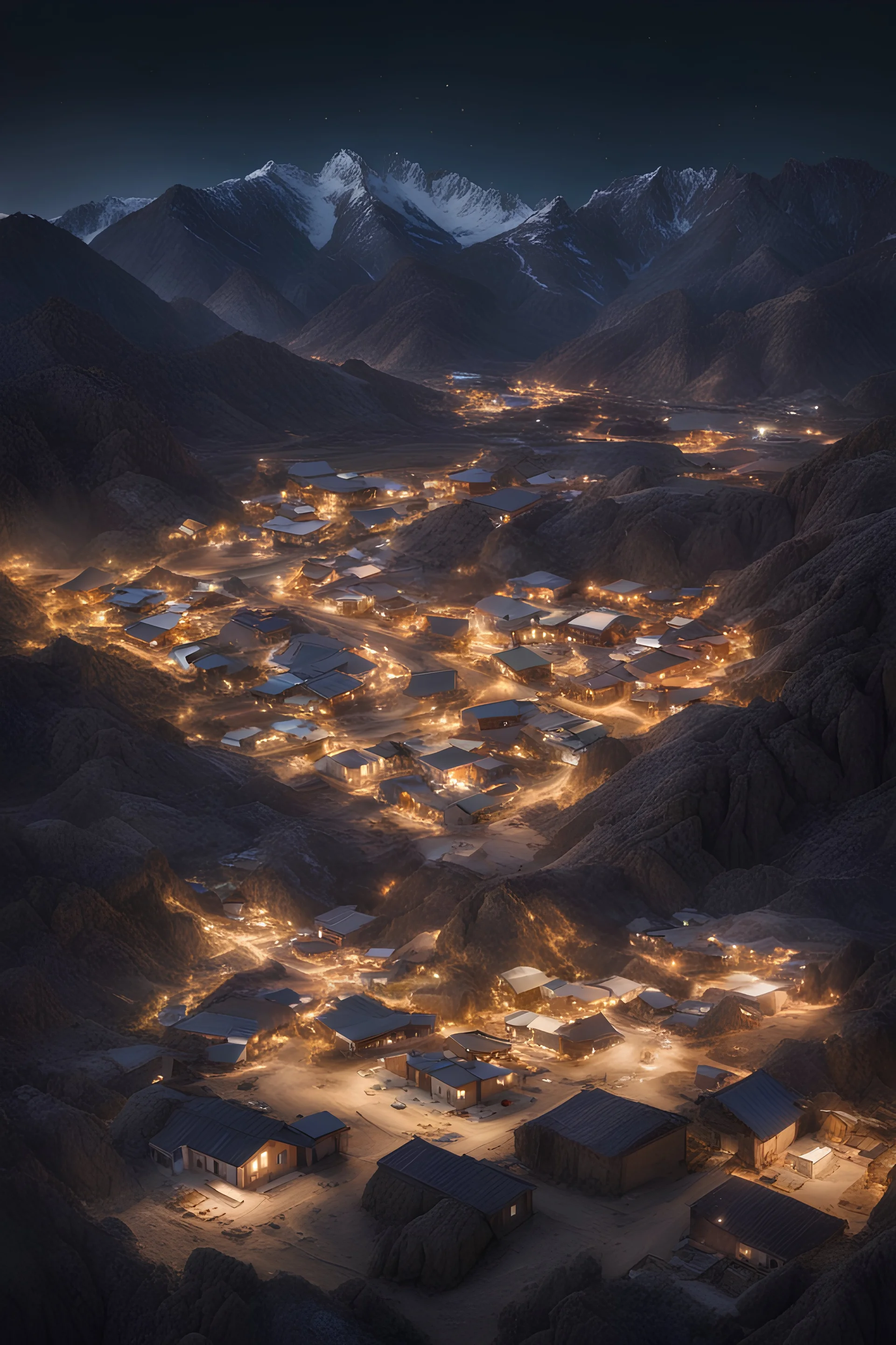 Bird's eye view of a small but modern village at the foothills of a jagged mountain range at night. The land is dry and rocky.