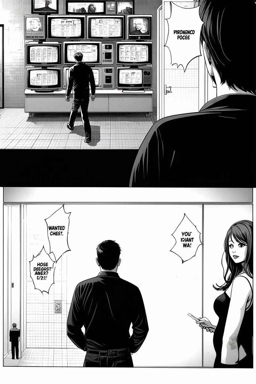 uncolored comic book page: top panel(man on his way out the door walks past a display of televisions on which a bulletin of wanted criminals mugshots appears, higher over the shoulder camera perspective), bottom panel(pov a woman's hand holding a pregnancy test that shows a positive result, tile floor below), panels divided at a 30 degree angle