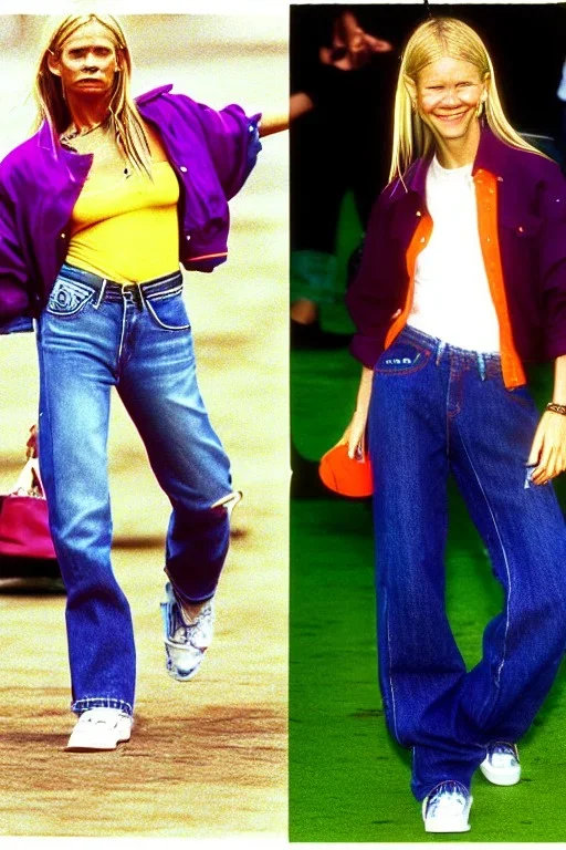 year 1996 denim fashion. Loose fit, low waist, baggy. Colors: denim blue, blue, purple, khaki, light green, lilac, plum, orange, terracotta, red, pink, dark blue, beige. Women models. Jennifer Lopez, Gwyneth Paltrow. Big tennis shoes on.