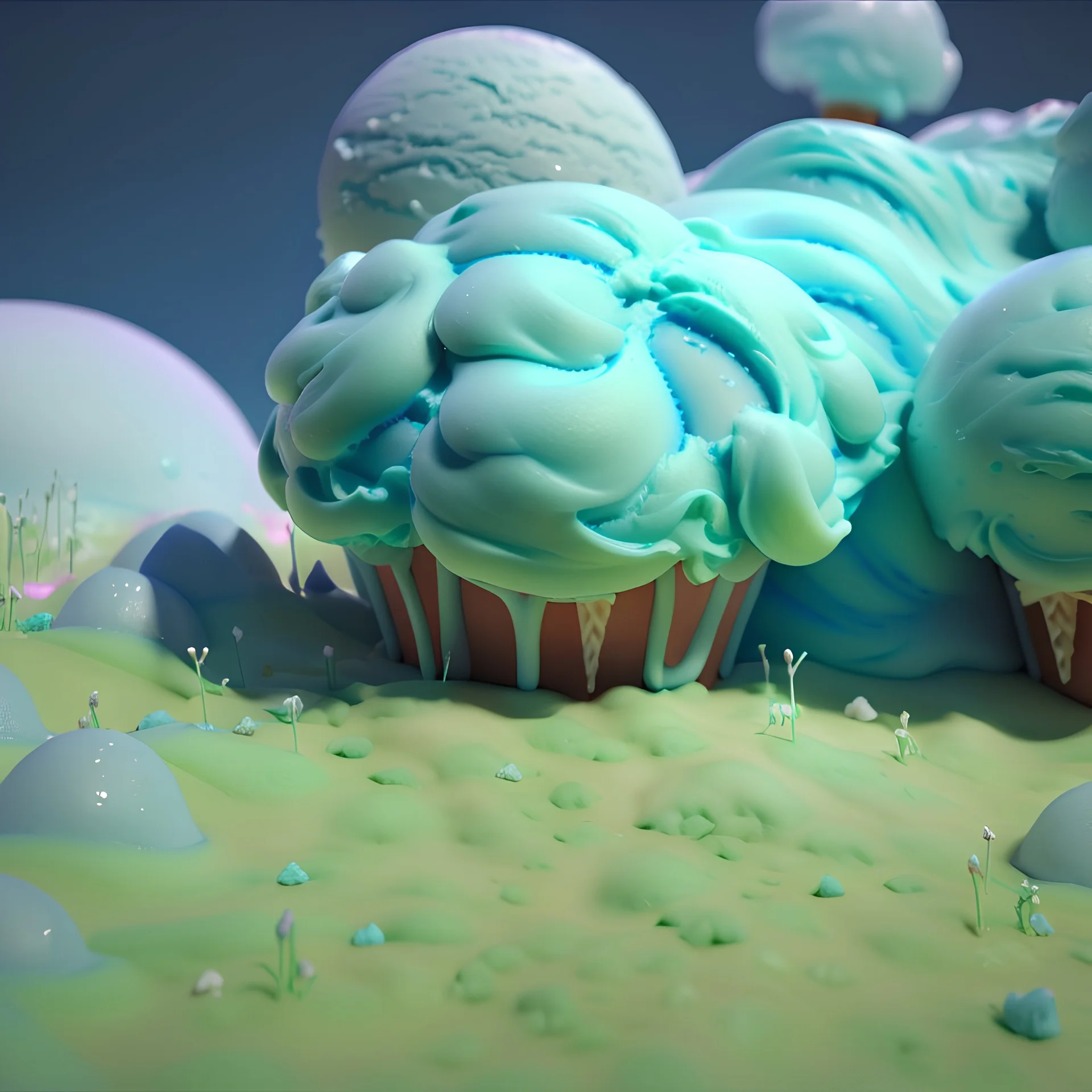 detailed peaceful landscape made of cake frosting, cotton candy, ice cream, strong texture, extreme detail, octane render