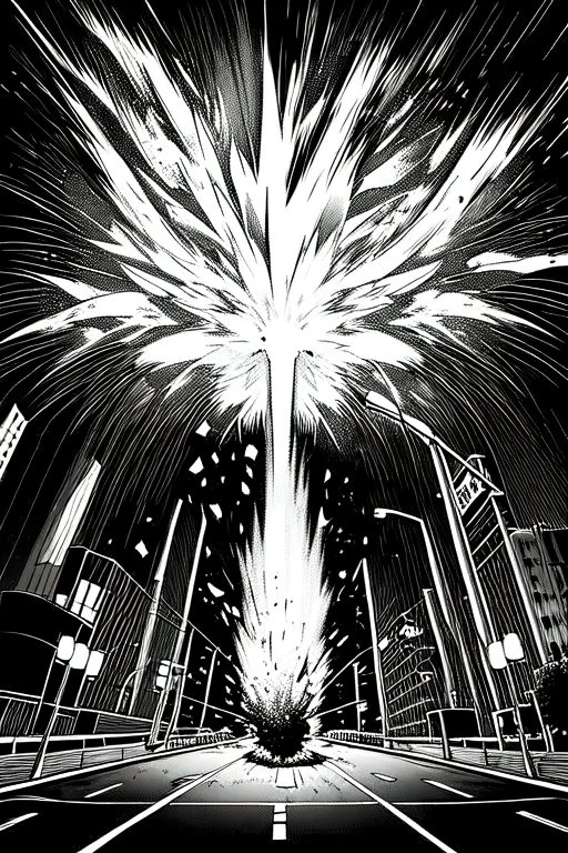 explosion on the streets of Tokyo, greyscale