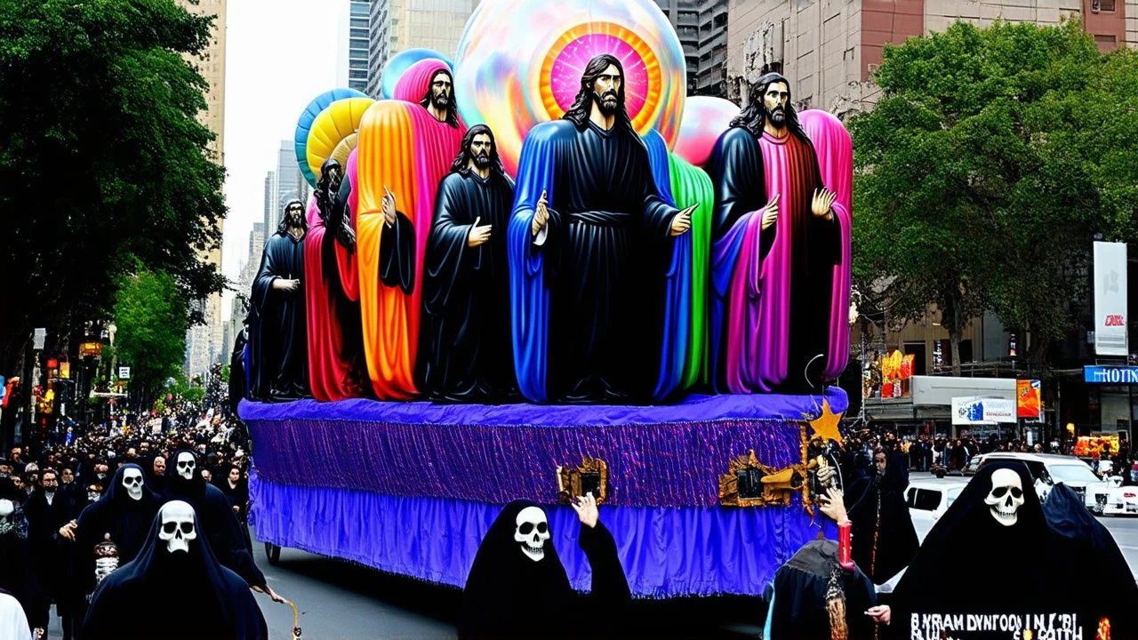cartoonish jesus parade balloon pulled by multiple grim reapers, multi colored, bright, vivid, psychedelic, high detailed, high gloss, insanely detailed, matte, horrorcore, lining the street, unsettling contrast, monument to death, live action shot grim reaper parade, pulling a jesus parade float