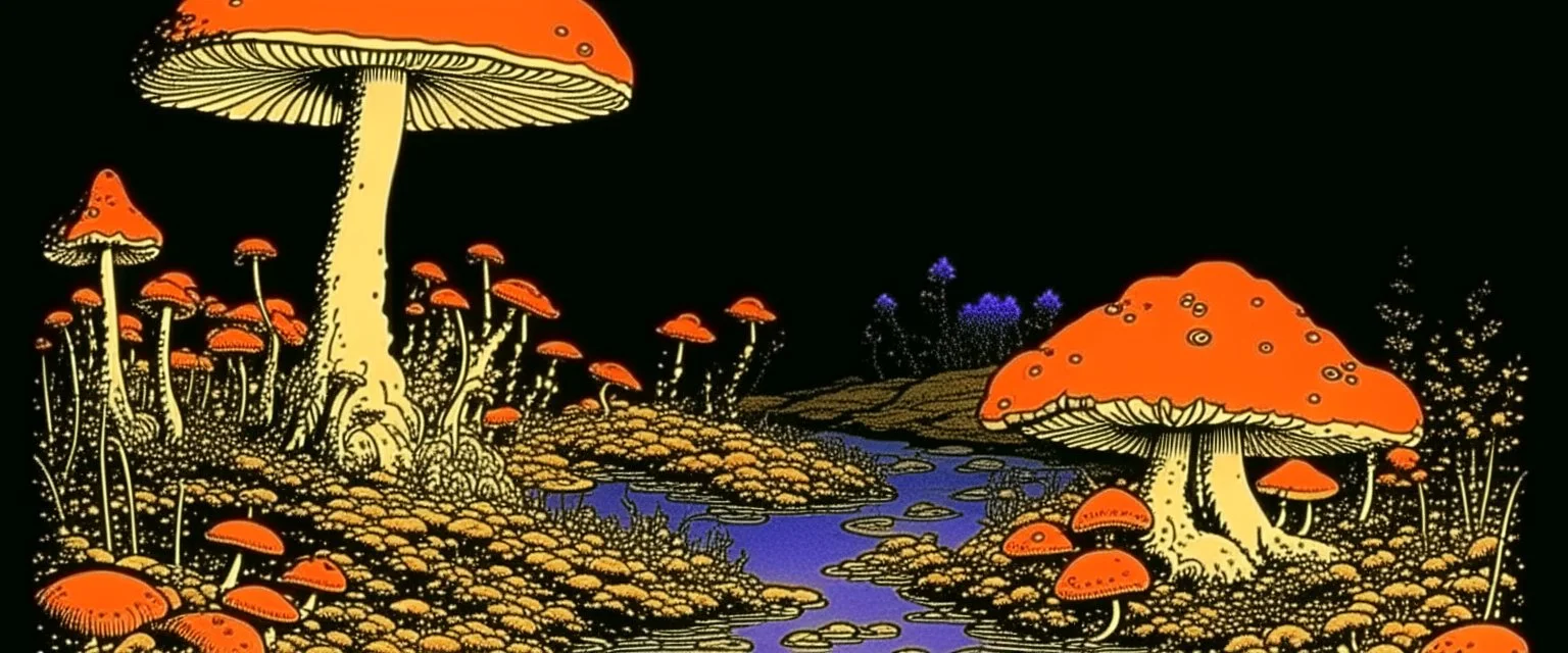 Violet marshlands with toxic glowing mushrooms Katsushika Hokusai