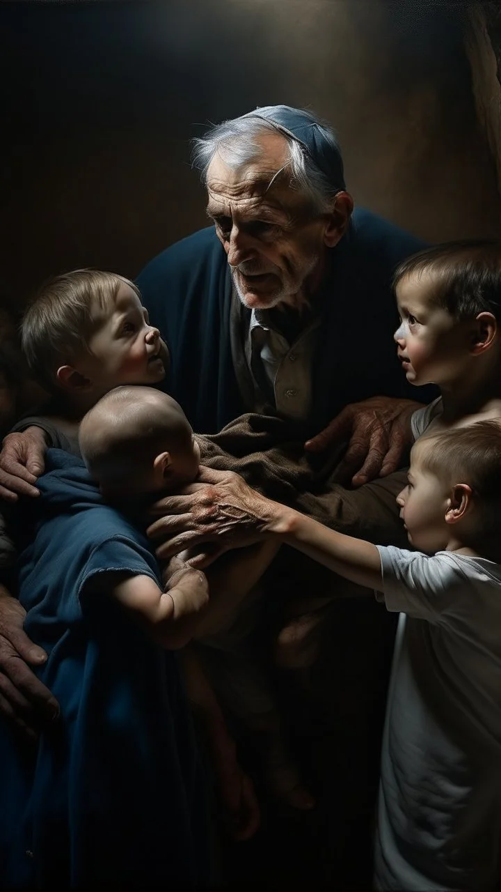 Bosch nightmares paining style Title:a man carrying by hands a sick 4 years old son and the father trying to help him sadly , 8k artistic photography, photorealistic concept art, soft natural volumetric cinematic perfect light, chiaroscuro, award-winning photograph, masterpiece, oil on canvas, Raphael, Caravaggio, Greg Rutkowski, people, beksinski, Giger