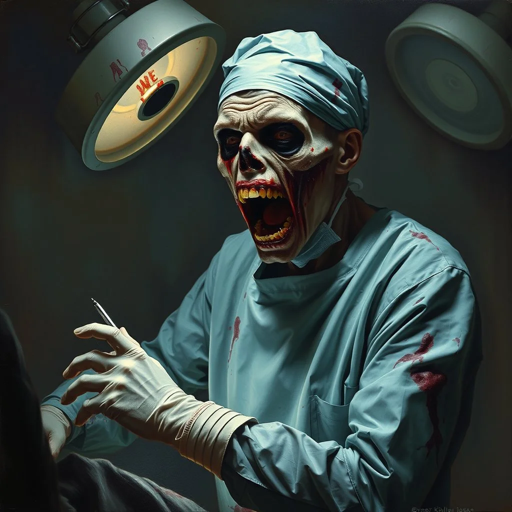 hauntingly visceral matte oil painting featuring a sinister zombie doctor dressed in stained surgical scrubs doing surgery. The doctor, adorned with facial sores, and a chilling open mouth expression. The scene is bathed in eerie, grainy colors, with a macabre atmosphere. The composition is dynamic, with complex contrast and a sinisterness that invites both fascination and unease, style by Grant Morrison and Kelley Jones