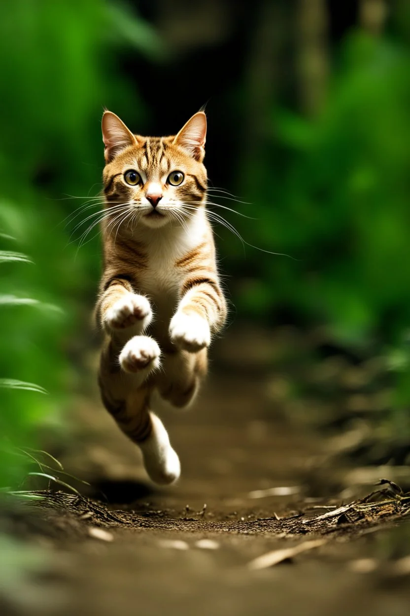 A Cat running very fast in the jungle, front shot, close up, National geographic style, motion blur, sharp focus, 32k