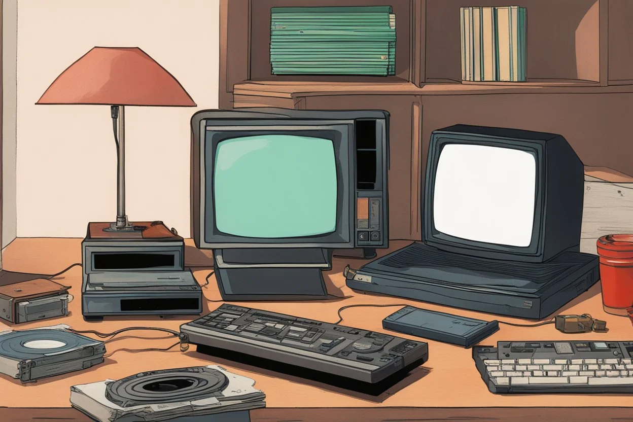 retro tech on a desk, Magneto-optical disk, floppy disk, Hard disks, ram, VHS, Retro pc, slight watercolor, no humans