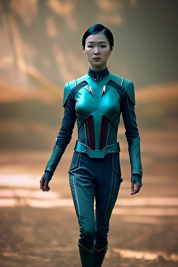 (With hyper-realistic quality), the photograph was taken using a Nikon D850 camera by Una Chin-Riley, a young individual (scored 1.5). They are depicted wearing a Sci-Fi Star Trek Starfleet outfit, set in nature with moody and diffused lighting. The overall theme suggests the persona of an explorer (scored 1.5) amidst beautiful shadows and a meticulously detailed background.