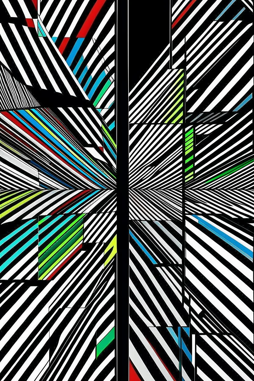 technicolor syntropy over black and white entropy; two worlds divided diagonally by stripes running from the upper left corner to the lower right corner, with the stripes extending from front to back.