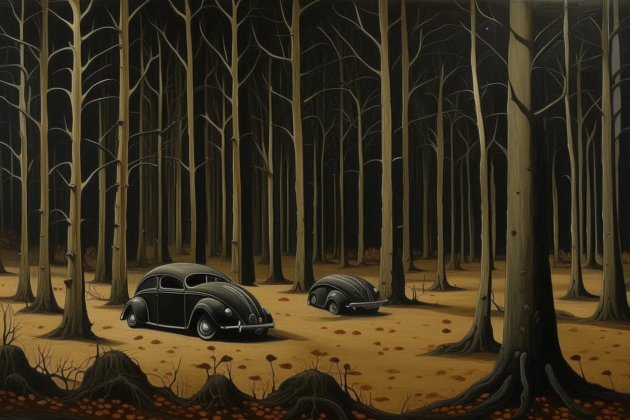 Black woods with beetles painted by John Brack