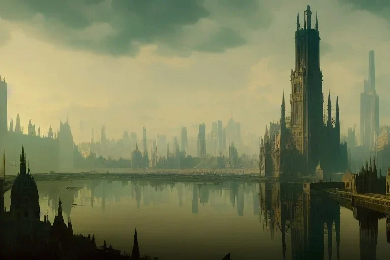 Lake Chicago Parisien building London+Edimburgh+Gothic town+Art deco Metropolis +alphonse mucha, greg rutkowski,matte painting, cryengine, hyper detailed, felix kelly, fantasy art, seb mckinnon