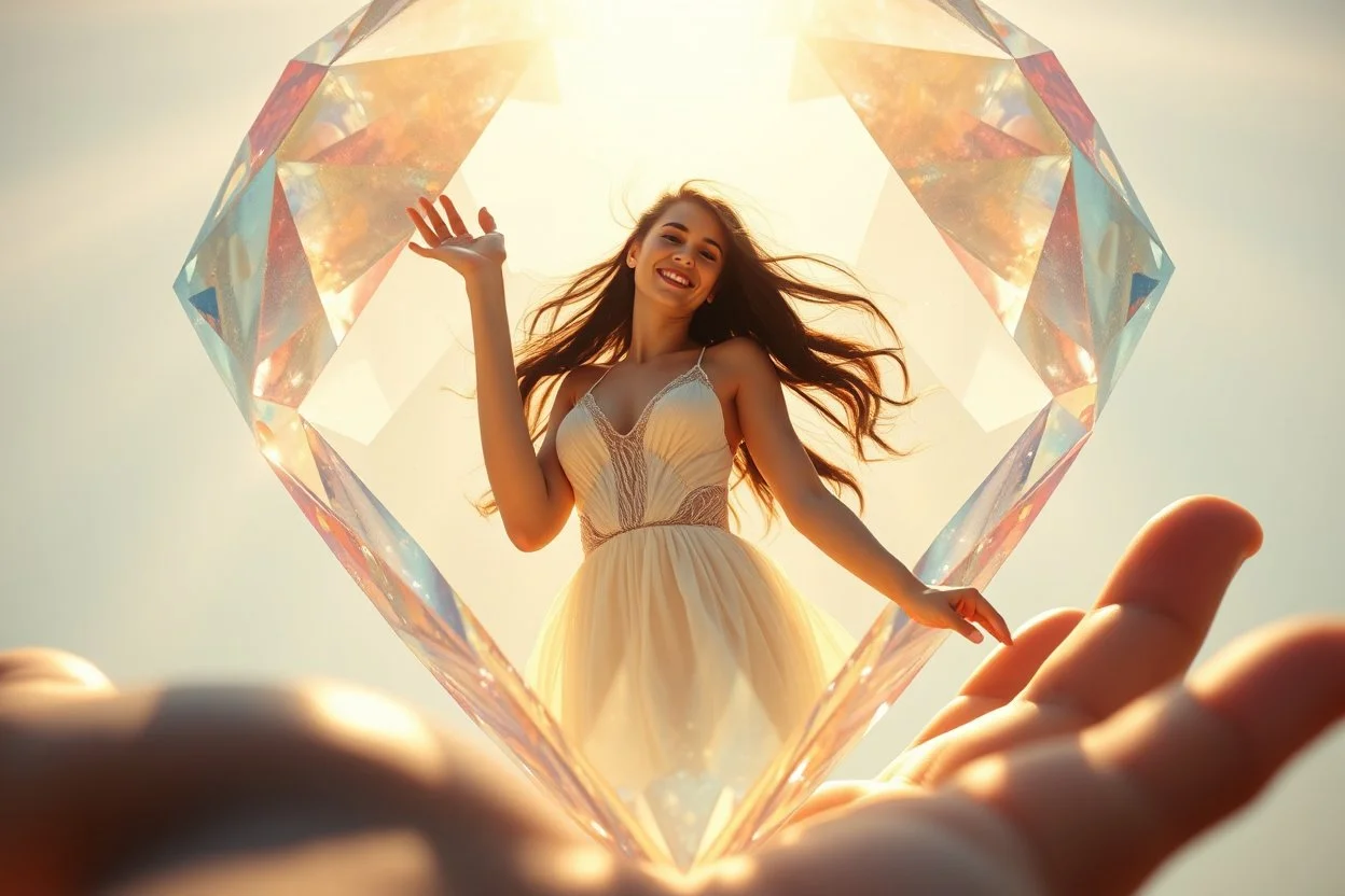 closeup, inside of a huge diamond a beautiful brunette woman dancing happily and dynamically, the diamond is in the opened palm of God, S<AI in sunshine, ethereal, cinematic postprocessing, shiny metallic pastel watercolor