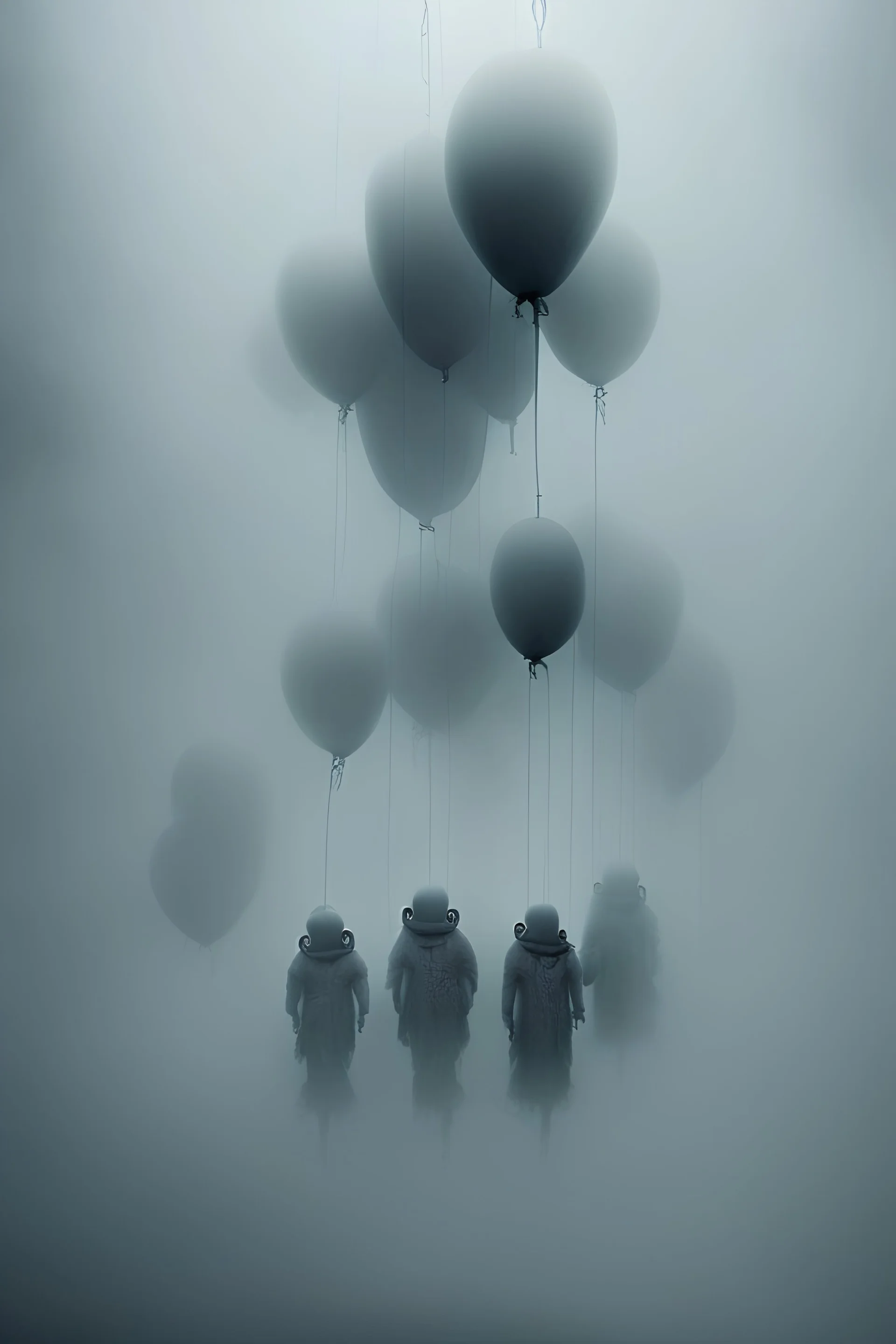 Five bodies hanging from chains commected to balloons floating in a thick fog