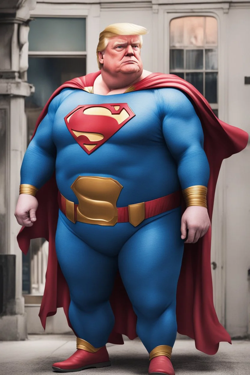 morbidly obese superman with donald trump's head and his fat hanging out of his shirt