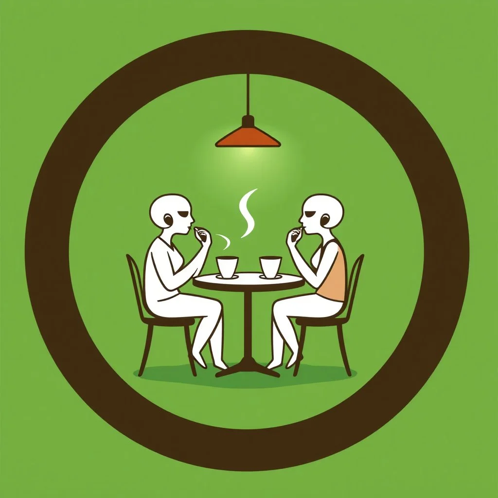 A circular logo for a cafe in a beautiful green color, with two people sitting around a two-person table in the center of the circle, drinking coffee, and the cafe light above the table is on, with each person's head resembling a coffee cup.