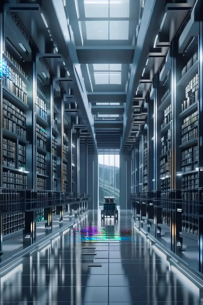 Modern library with high tech style. Robotic design of the library. High quality image in 8k.