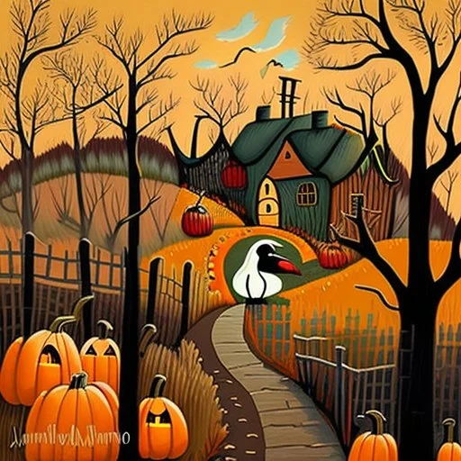 Painting of a path through a pumpkin patch, swan country, whimsical art, late autumn, village in the woods, Jane Newland, whimsical fantasy landscape art, spooky autumn colors, in autumn, by Janet Archer, by Sheila McLean, very coherent works Stylish Art, by Elaine Hamilton, Landscape Works, by Jane Kelly, Amazing Art, by Tom Scott RSA