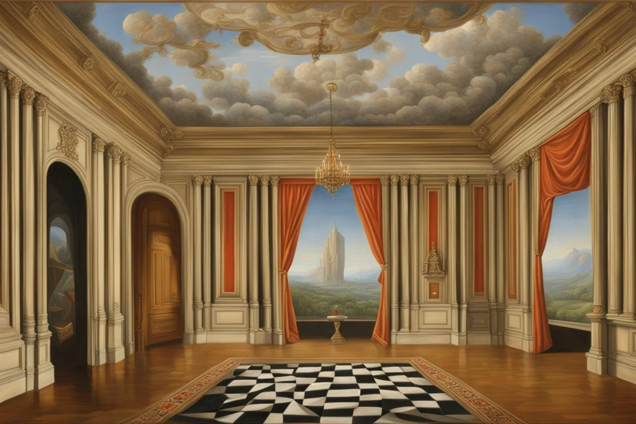 a palatial room with illusions, sceneries, perspectives by artist "Trompe L'Oeil"