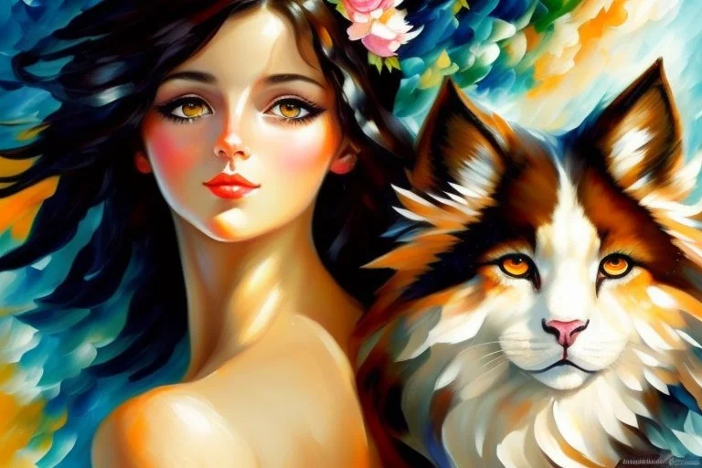 an irresistibly adorable image of a whimsical brunette woman creature with black hair and hazel eyes. Envision a charming being with fluffy, onyx-colored fur or hair that frames its endearing face. in the blowing wind Leonid Afremov