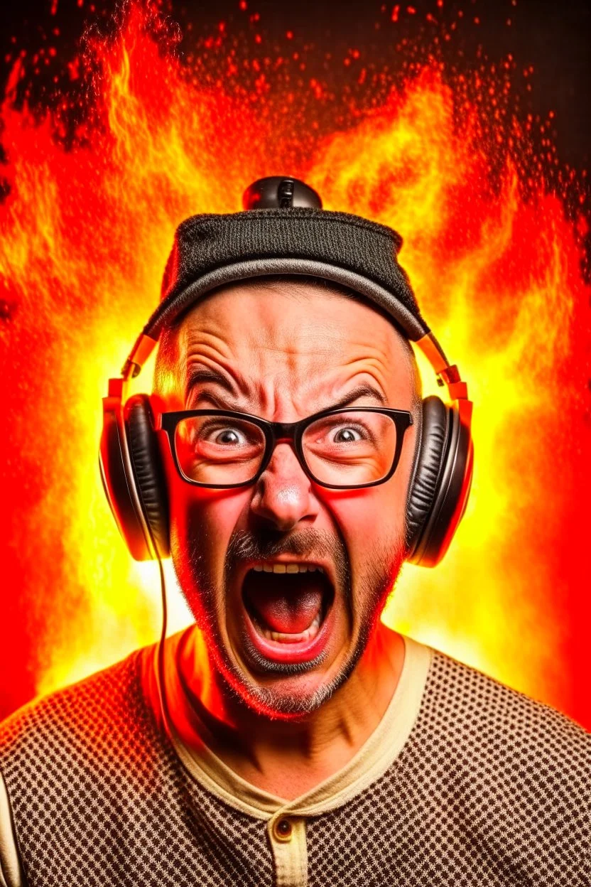 Portrait of a man with a radio helmet on his head. Wearing glasses. A small beard pepper and salt. He is bald. White race. He is a metal fan and screams. Flames surround him.