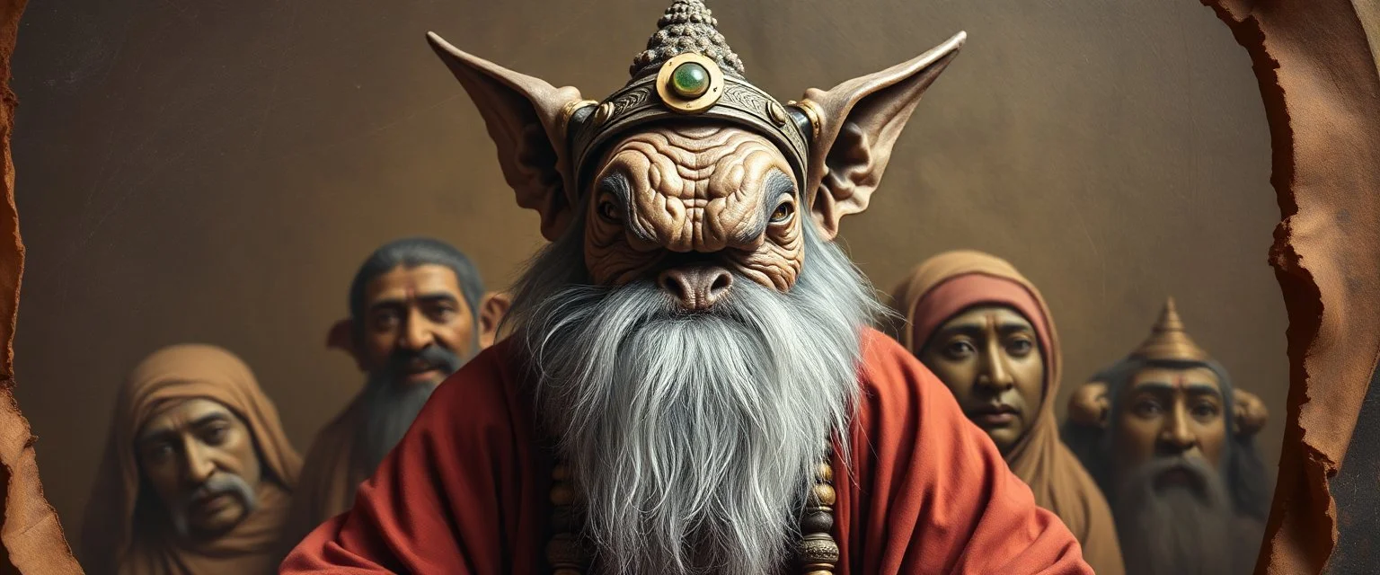 pin hole cam, master oil painting by Rembrandt,ohm ri shi lahkshmi super guru with lots followers looking like a salmon dog orc troll gremlin yoga guru, brown paper with rolled up burnt edges, he just heard something peculiar