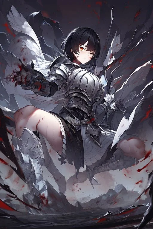 Anime girl with short black hair and sharp green eyes holding a sinister spear, full body black and white metal armour, full body shot, Dark lighting,1woman, soaked in blood,Warrior