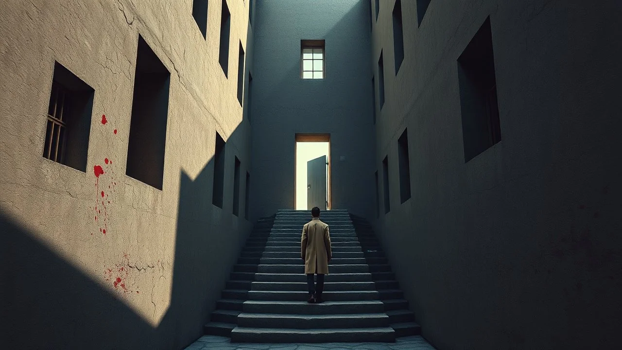 surreal architecture, labyrinthine structure, surrealism, deep perspective, stark shadows, geometric forms, windows framing distant doorways, a lone figure in a tan coat standing on stairs before an open doorway, rough textured walls, stone pathways, muted color palette with splashes of red and blue, dreamlike atmosphere, rendered in the style of Zdzisław Beksiński and Giorgio de Chirico, cinematic lighting