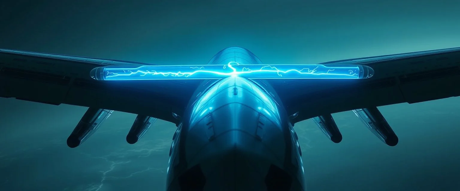 A futuristic airplane seen from the side. A glowing transparent lightning tube is mounted horizontally across the rear of the aircraft, perpendicular to the fuselage, like a crosswise energy reactor. Blue-white lightning inside the tube. Cinematic, realistic, industrial sci-fi.