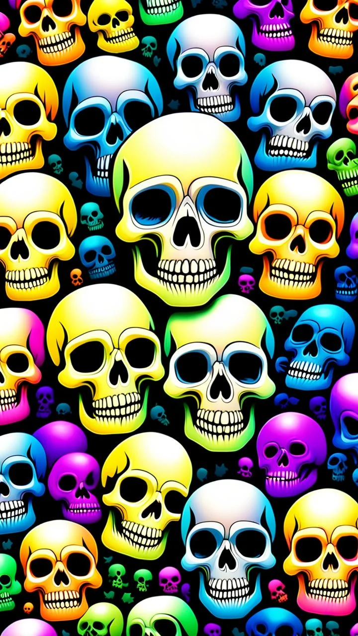 a field of 1000s of cartoonish, anatomically correct, skulls, vivid RANDOM BRIGHT neon colors, dark comedy, well lit, high detail, photorealistic, horrorcore, fun, scary, none featured, each a different color or hue,
